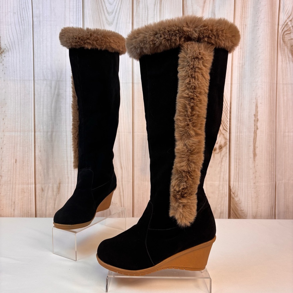 Knee High Boots Stylish Faux Fur-Trim Wedge Heel Winter Boot Black Tan Size 38